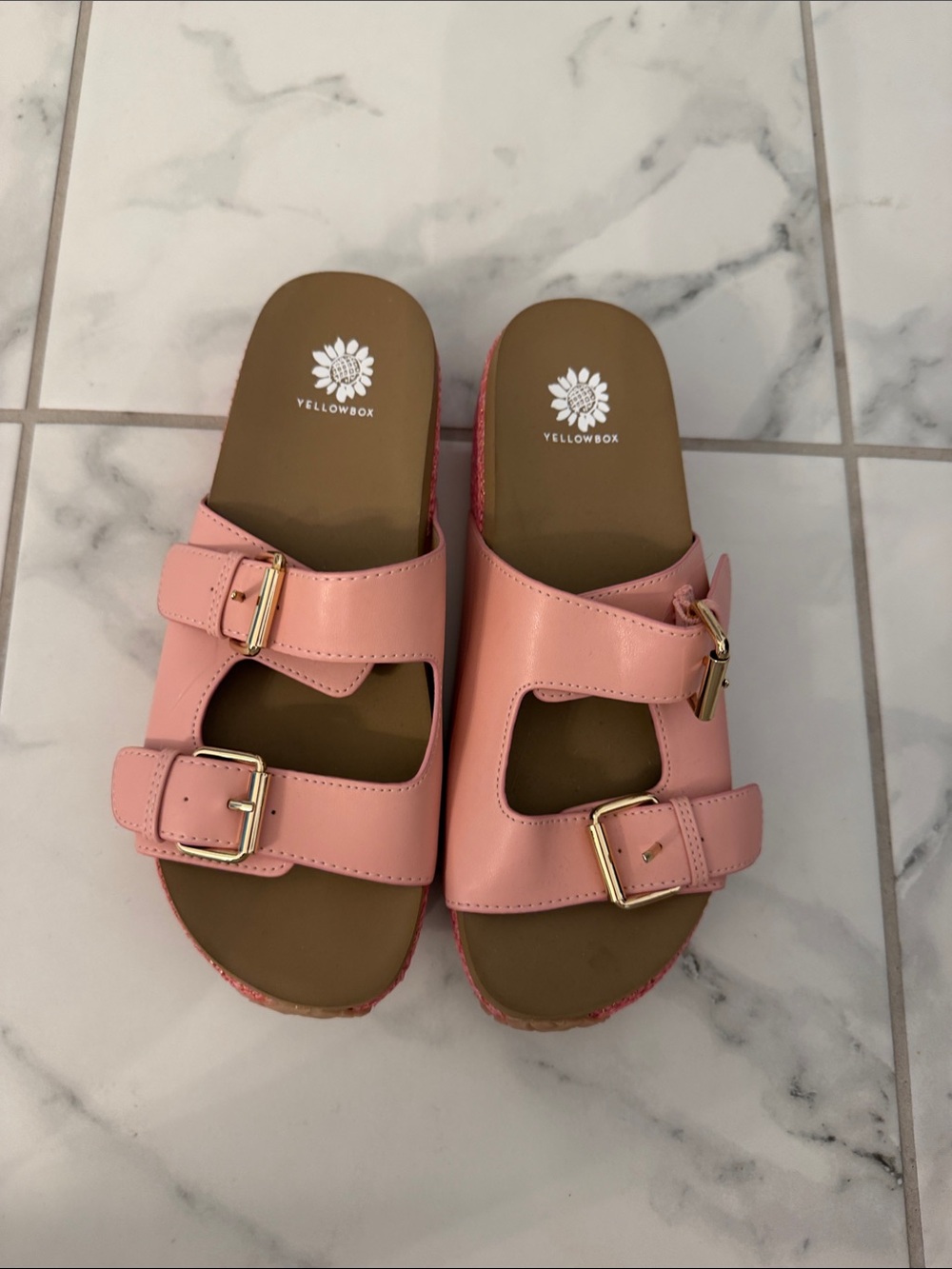 Yellow Box Pink Double-Buckle Slide Sandals with Gold Buckles
